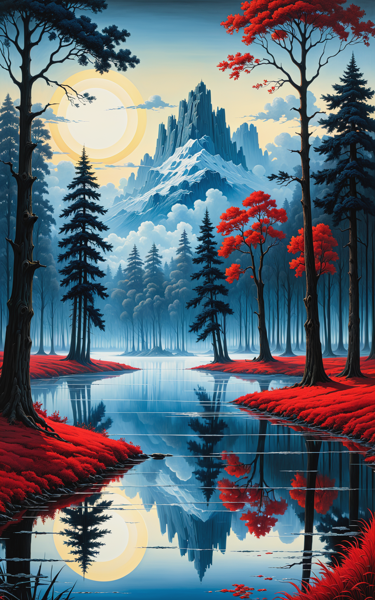 10426-1679611095-Masterful surrealism black and white lake landscape, dark red and blue with avenue of trees with special designed t branches, gr.png